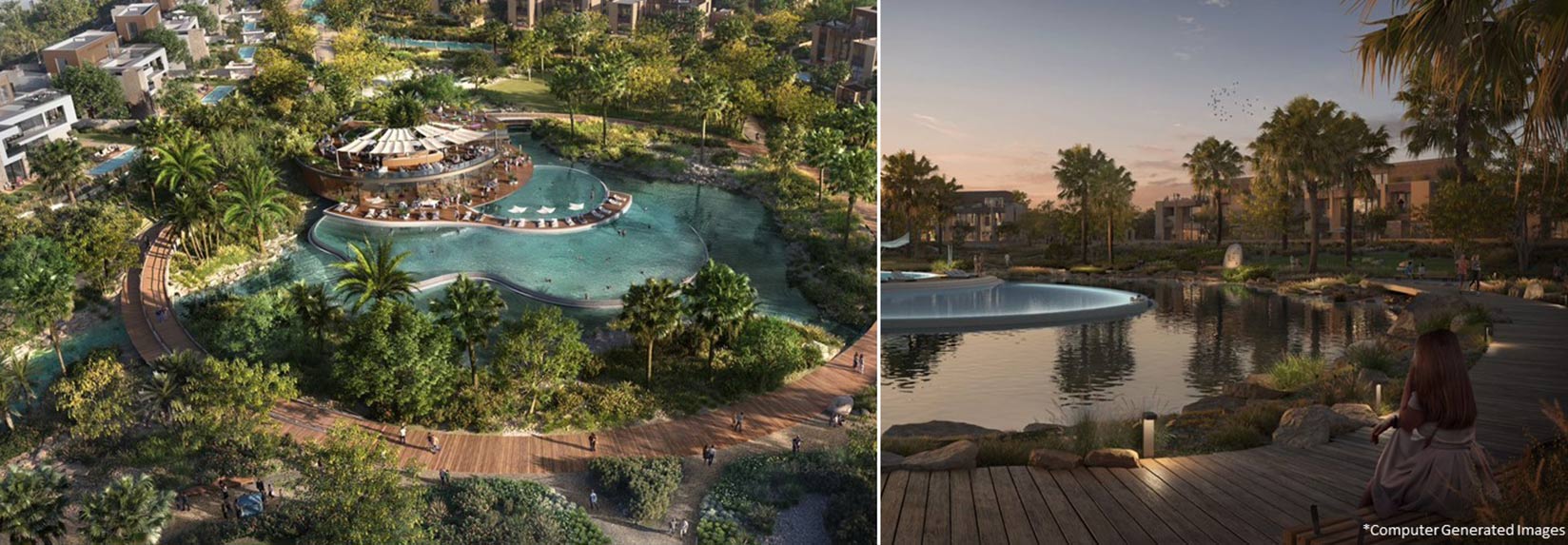 Banner 2 images of area near the splash pools inside Dubailand