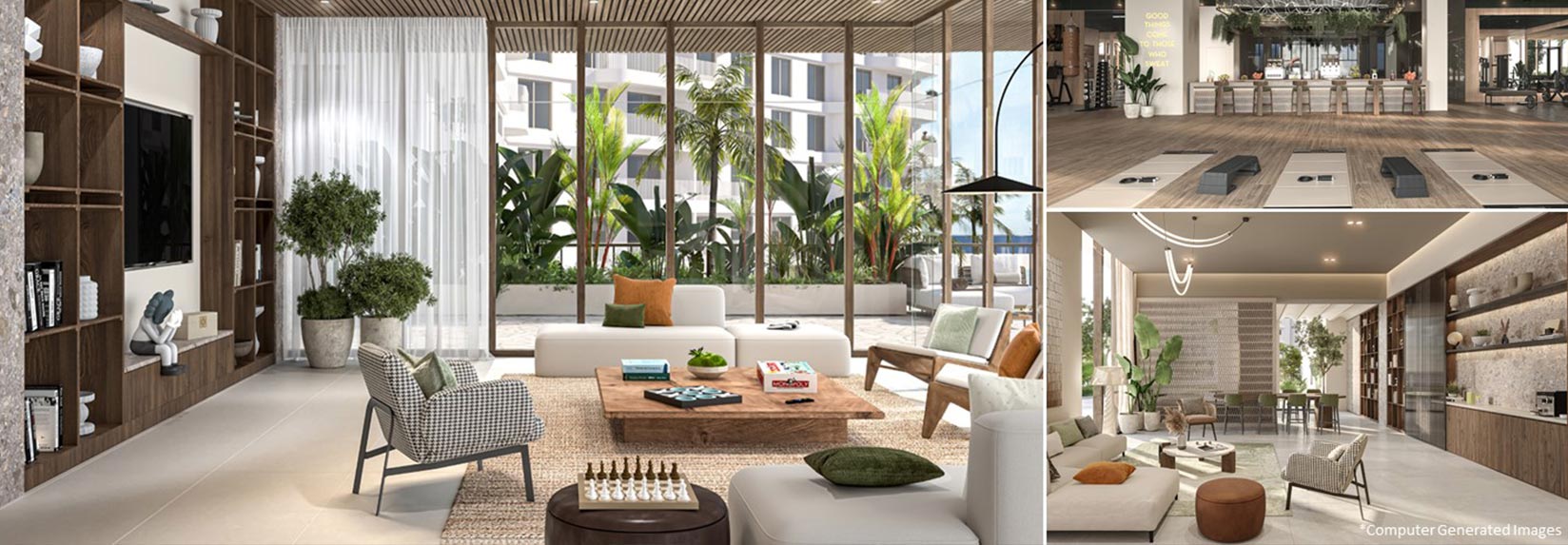 Banner 3 images of spa, fitness and social space inside Dubailand