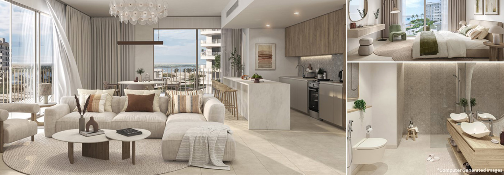 Banner 3 different images of living room, bedroom and bathroom inside and apartment in Dubailand