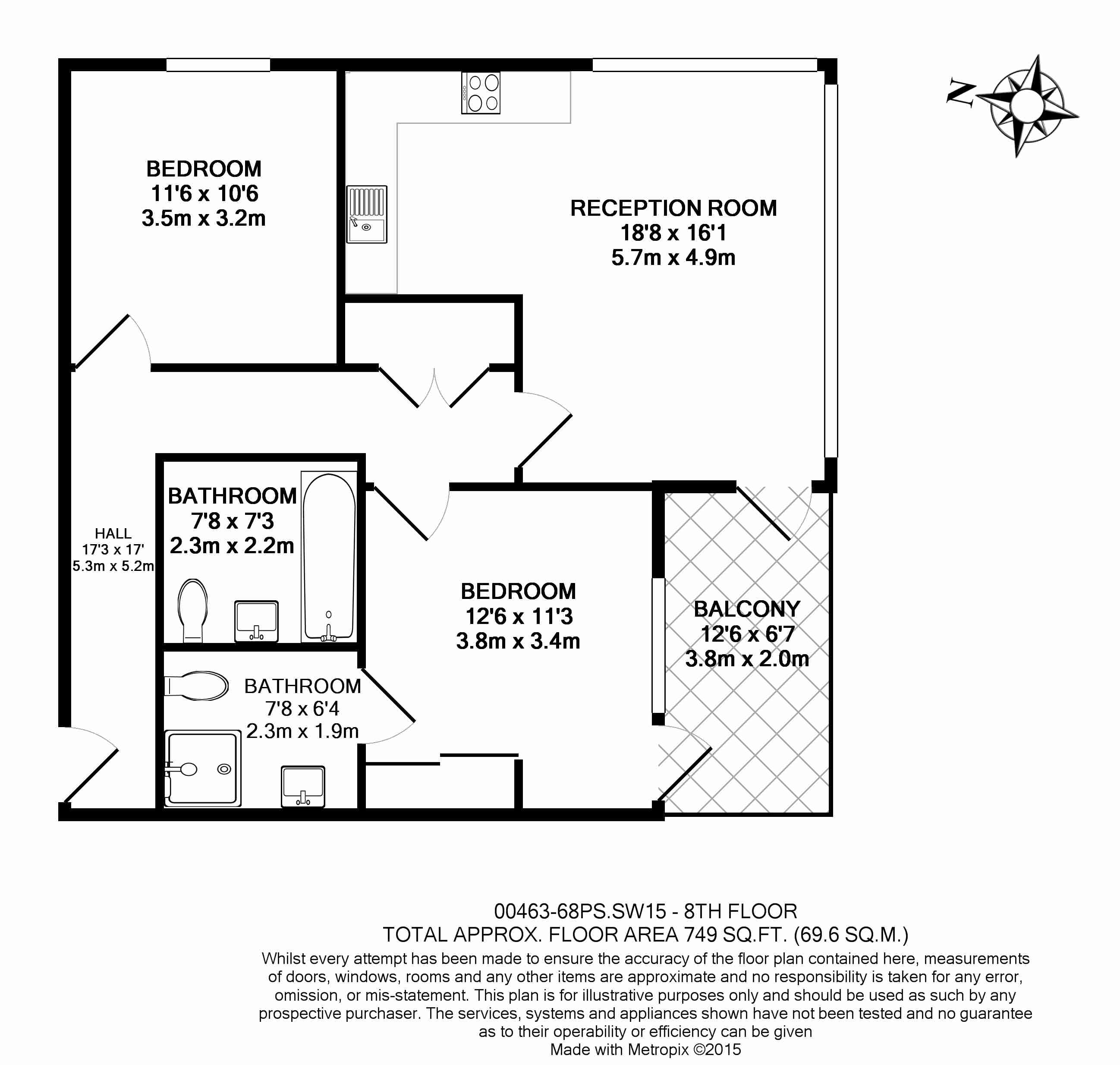 2  bedrooms flat to rent in London Square, Putney, SW15-Floorplan