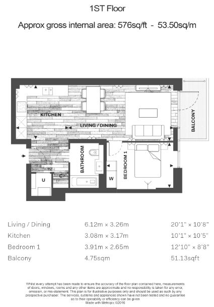 1  bedroom flat to rent in Fulham Reach, Hammersmith, W6-Floorplan