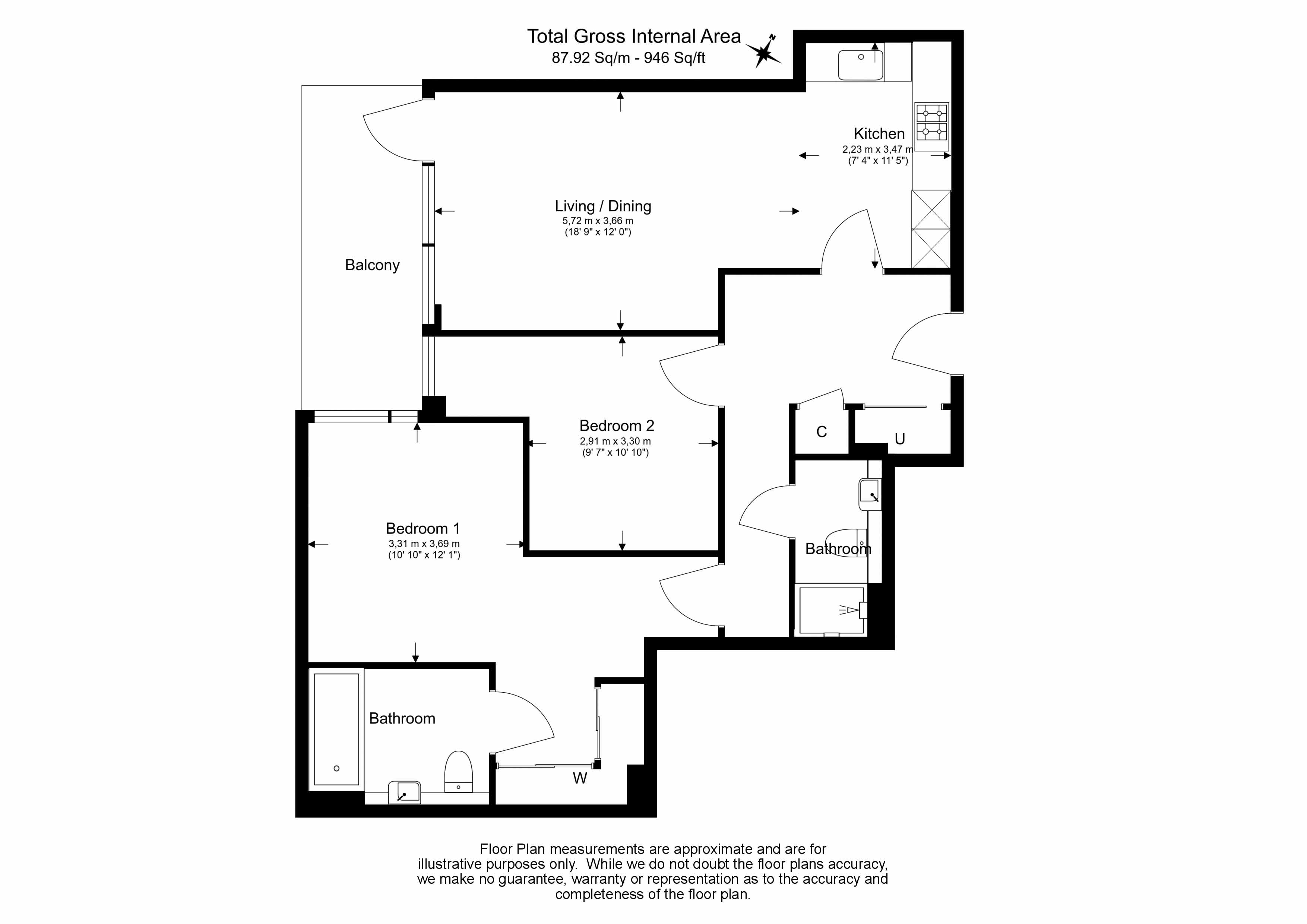 2  bedrooms flat to rent in Faulkner House, Hammersmith, W6-Floorplan