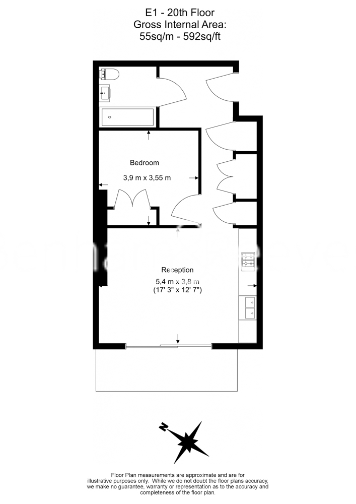1  bedroom flat to rent in Kingwood House, Chaucer Gardens, E1-Floorplan