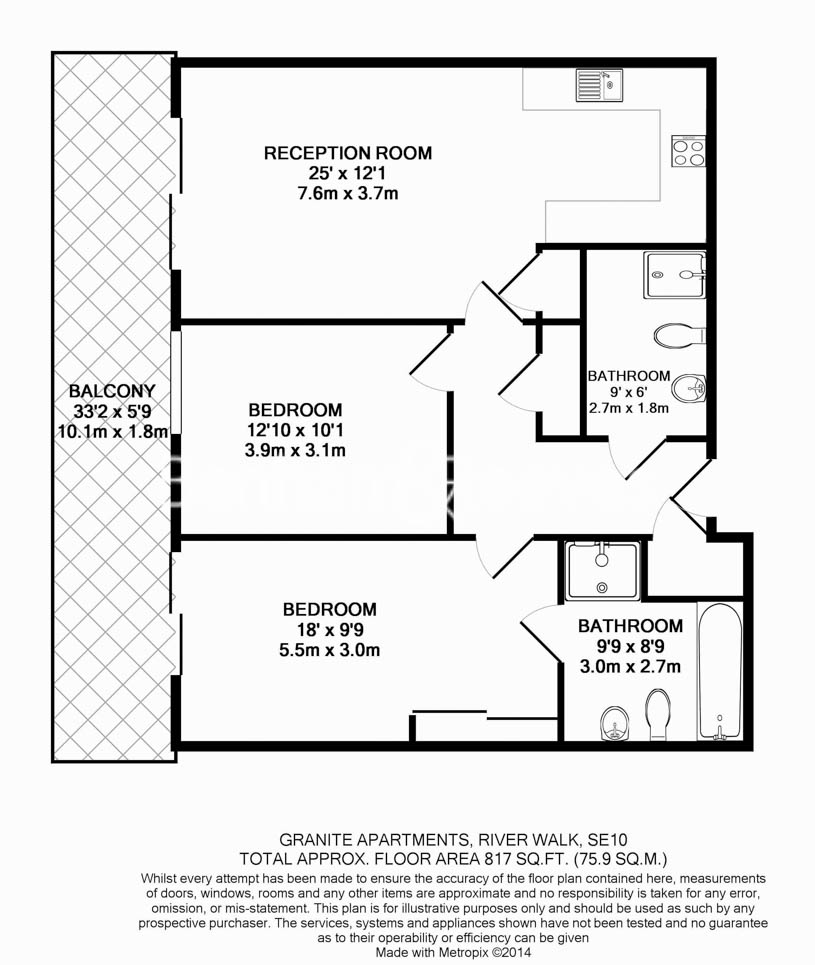 2  bedrooms flat to rent in River Gardens Walk, Greenwich, SE10-Floorplan