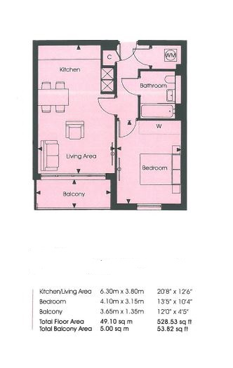 1  bedroom flat to rent in Pump House Crescent, Brentford, TW8-Floorplan