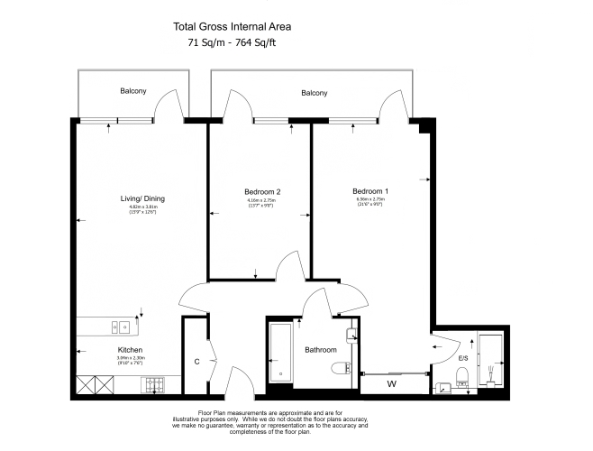 2  bedrooms flat to rent in Kew Bridge Road, Brentford, TW8-Floorplan