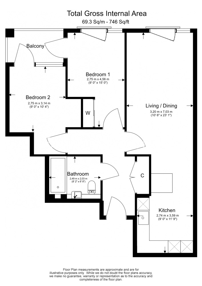 2  bedrooms flat to rent in Kew Bridge Road, Brentford, TW8-Floorplan