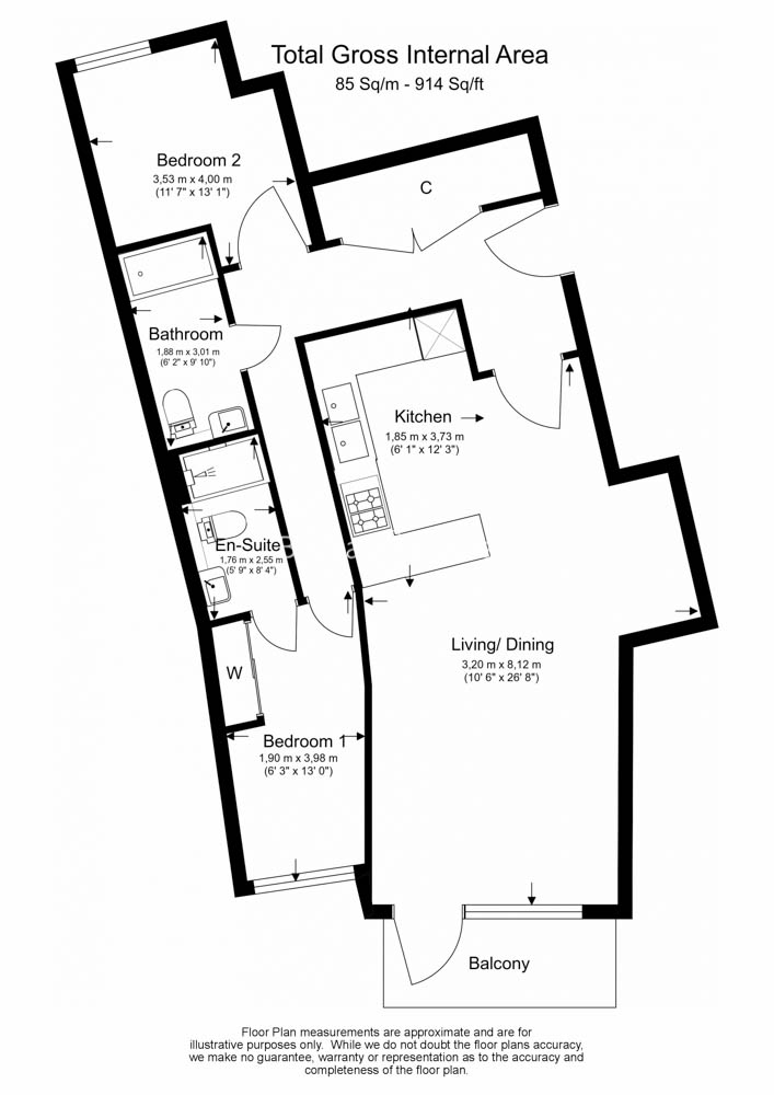 2  bedrooms flat to rent in Kew Bridge Road, Brentford, TW8-Floorplan