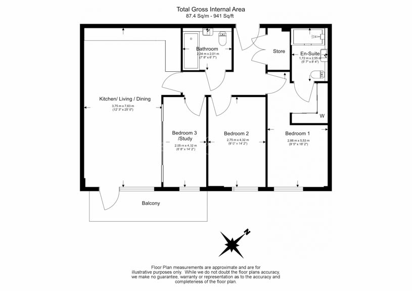 3  bedrooms flat to rent in QueenshurstSquare, Kingston Upon Thames, KT2-Floorplan