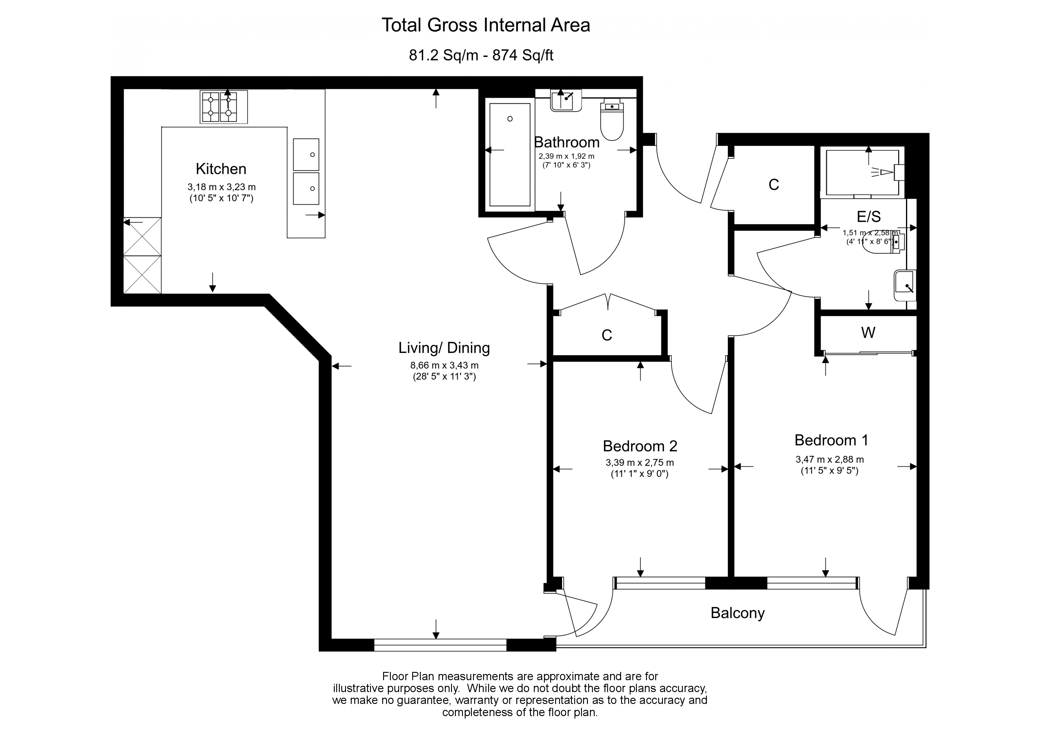 2  bedrooms flat to rent in Kew Bridge Road, Brentford, TW8-Floorplan
