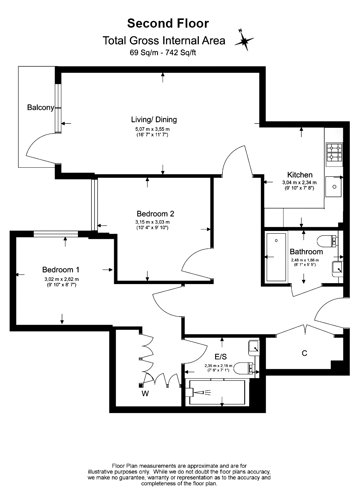 2  bedrooms flat to rent in Kew Bridge Road, Brentford,TW8-Floorplan
