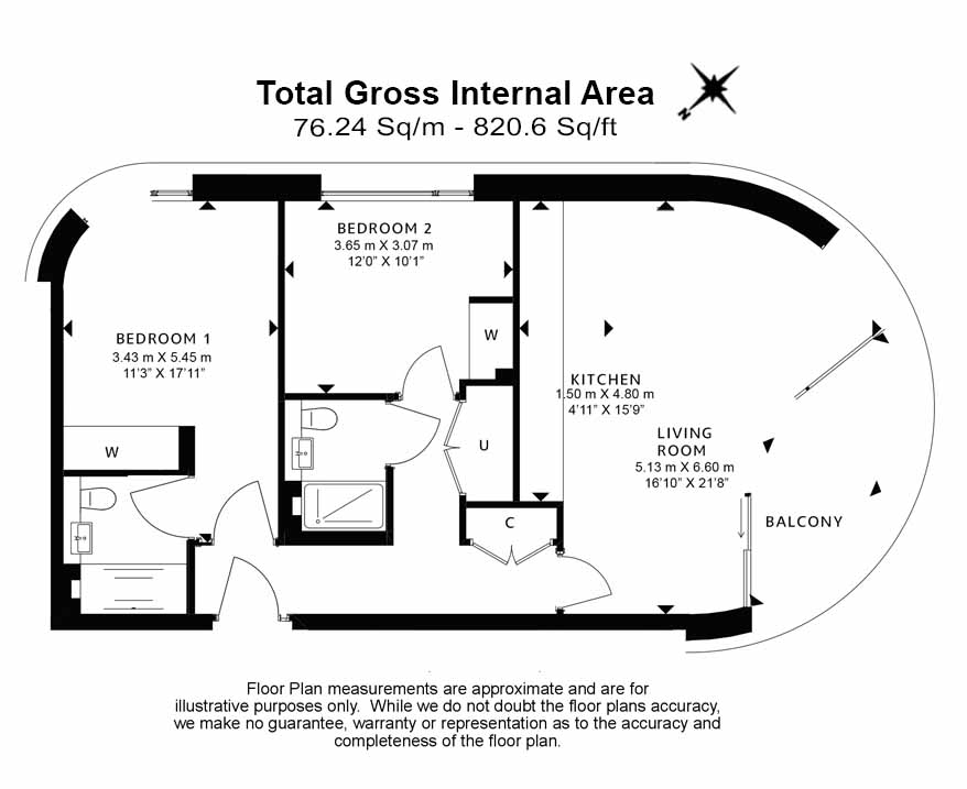 2 bedrooms flat to rent in Albert Embankment, Nine Elms, SE1-Floorplan