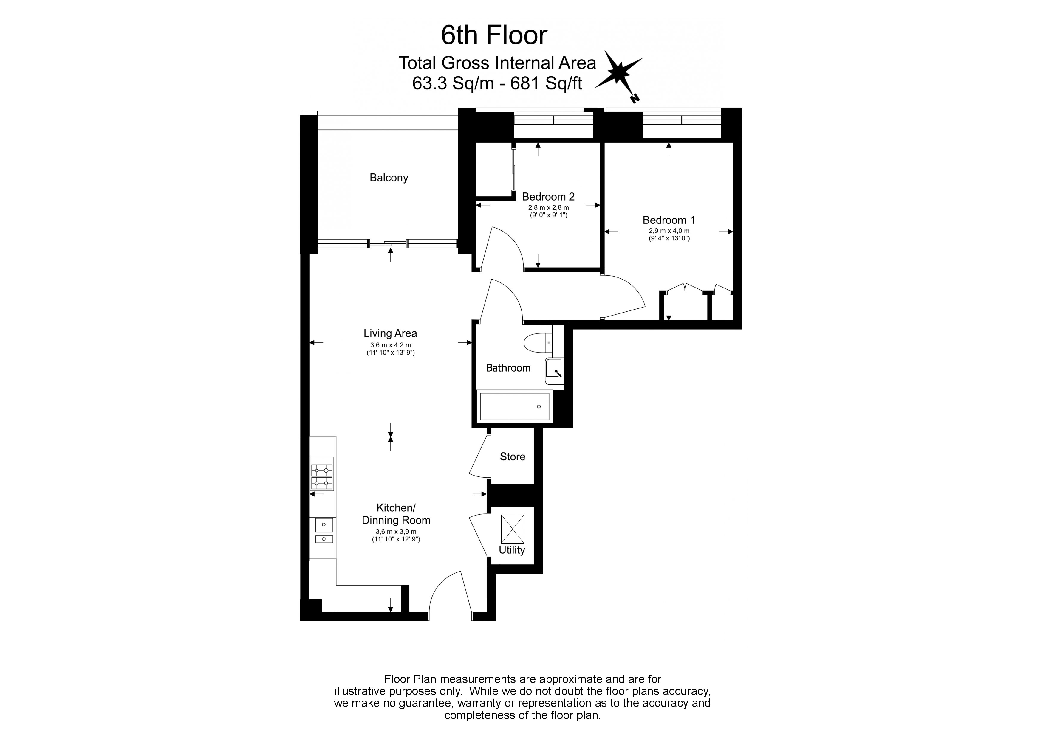 2  bedrooms flat to rent in Salisbury House, 5 Palmer Road, SW11-Floorplan