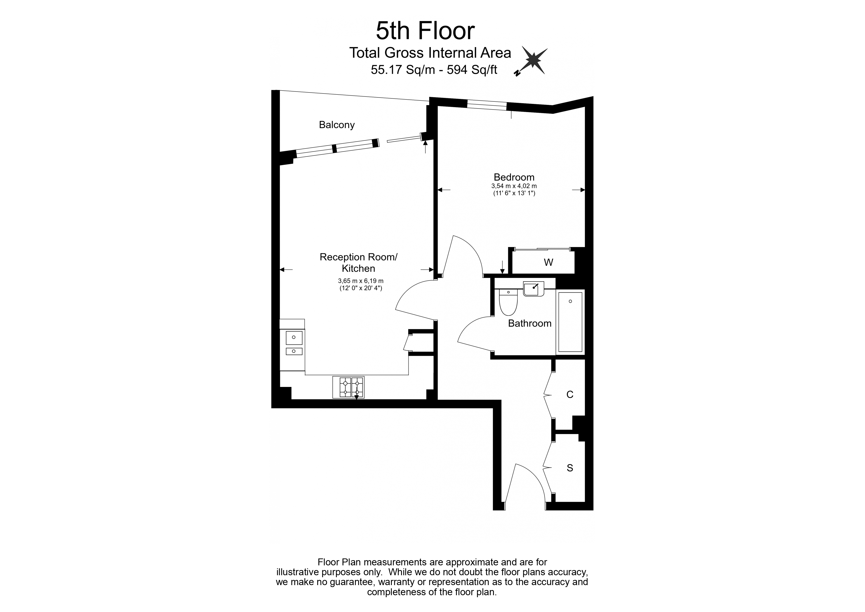 1  bedroom flat to rent in Wandsworth Road, Nine Elms, SW8-Floorplan
