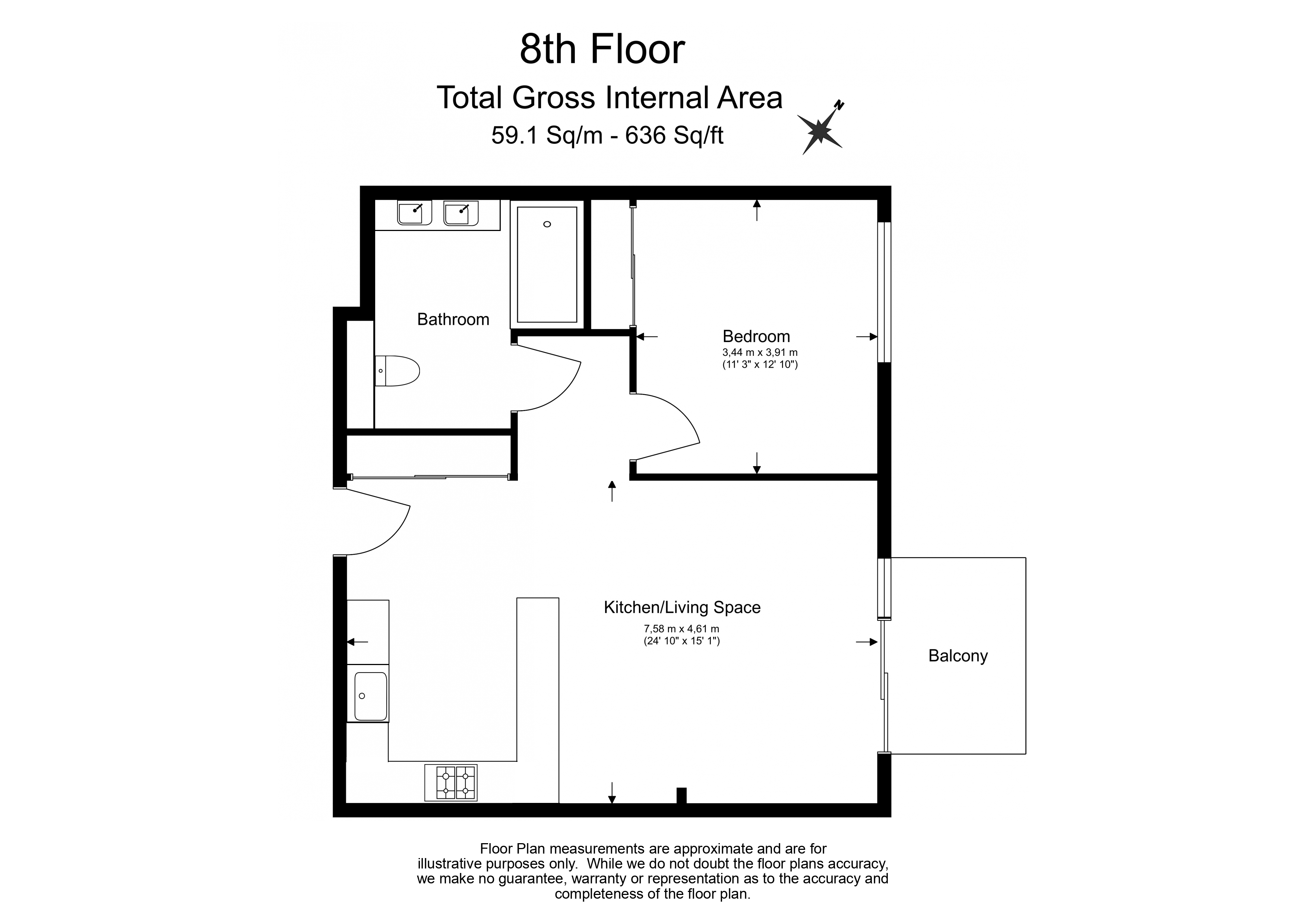 1  bedroom flat to rent in Legacy Building, Viaduct Gardens, SW11-Floorplan