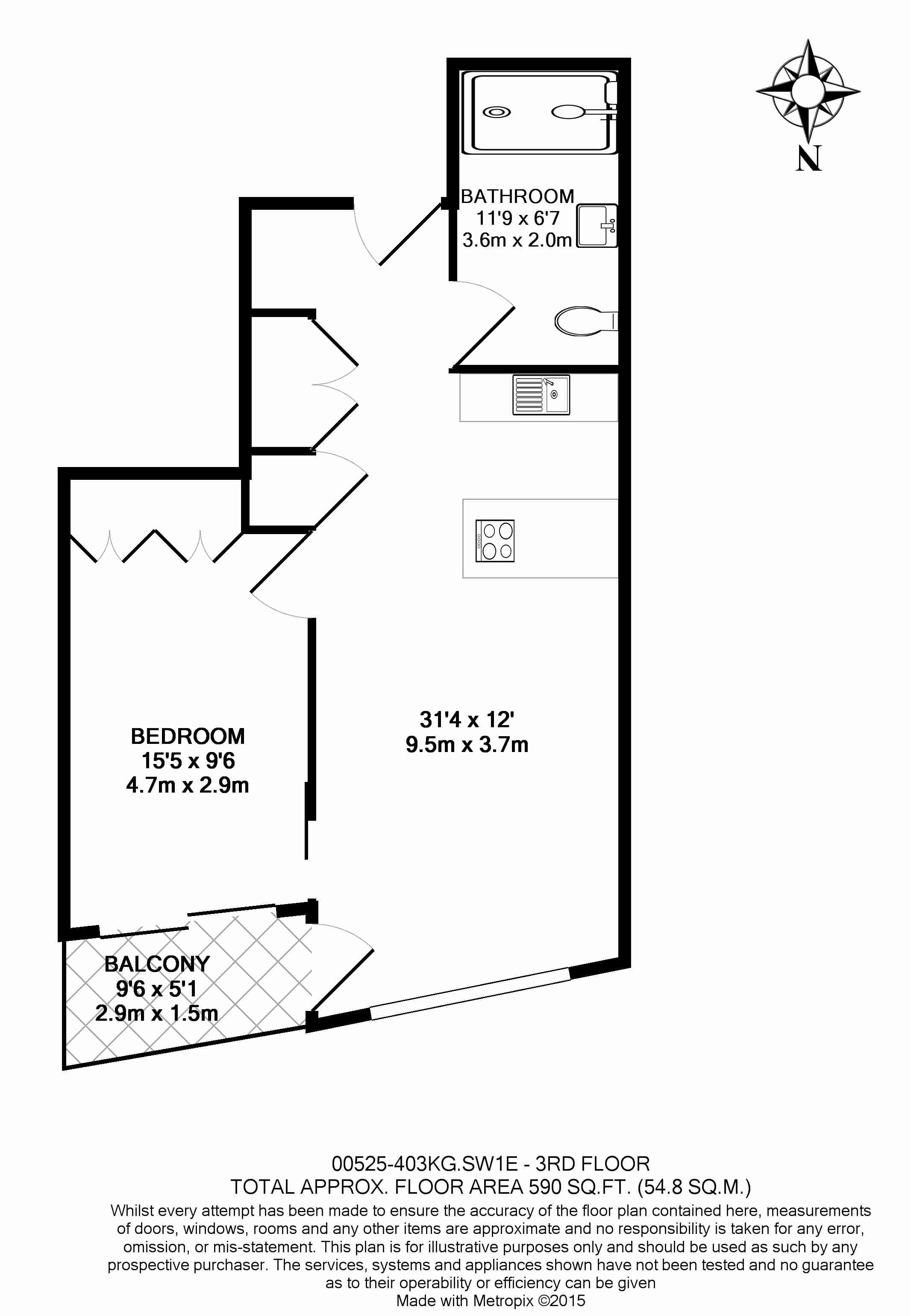 1 bedroom flat to rent in King's Gate Walk, Victoria SW1-Floorplan