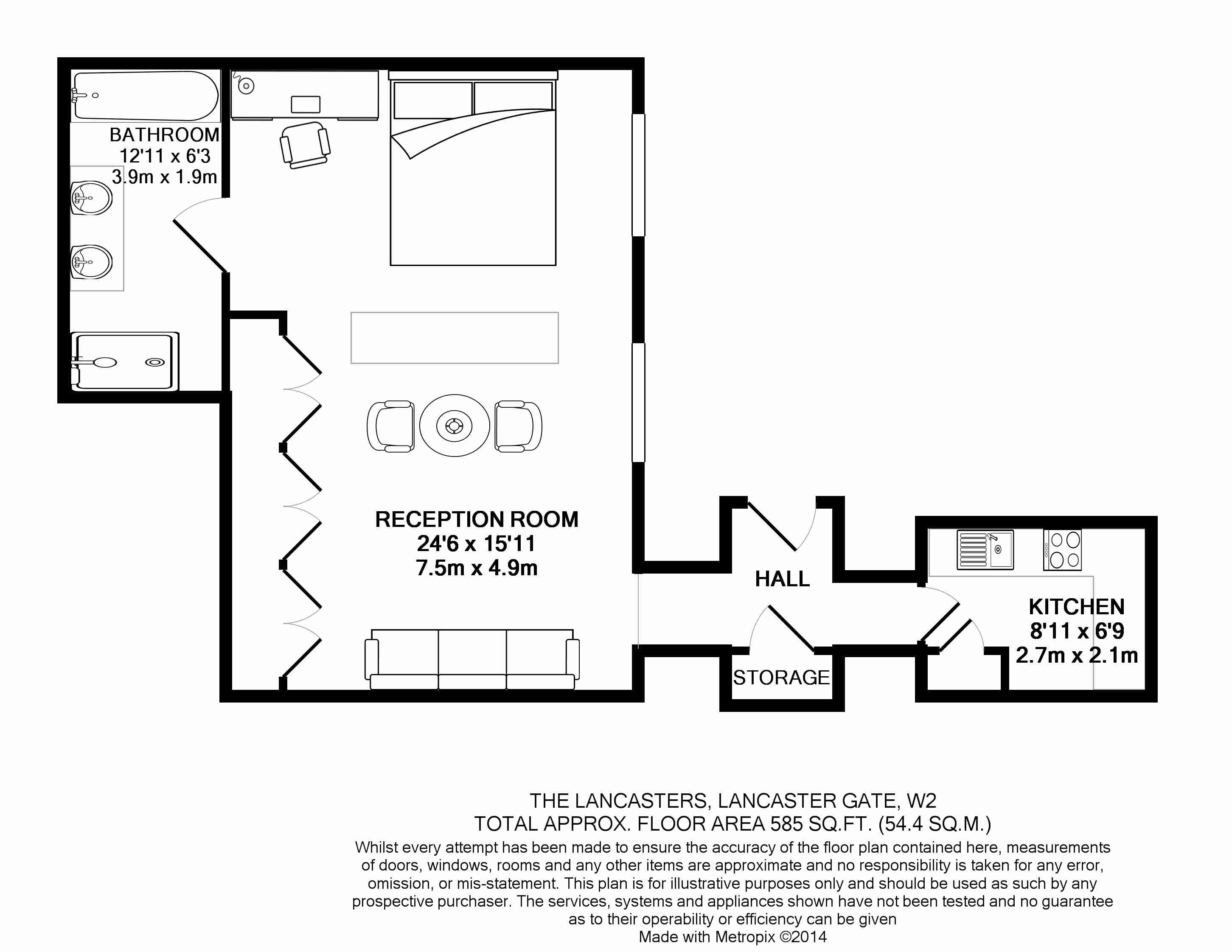 1  bedroom flat to rent in Lancaster Gate, Hyde Park, W2-Floorplan