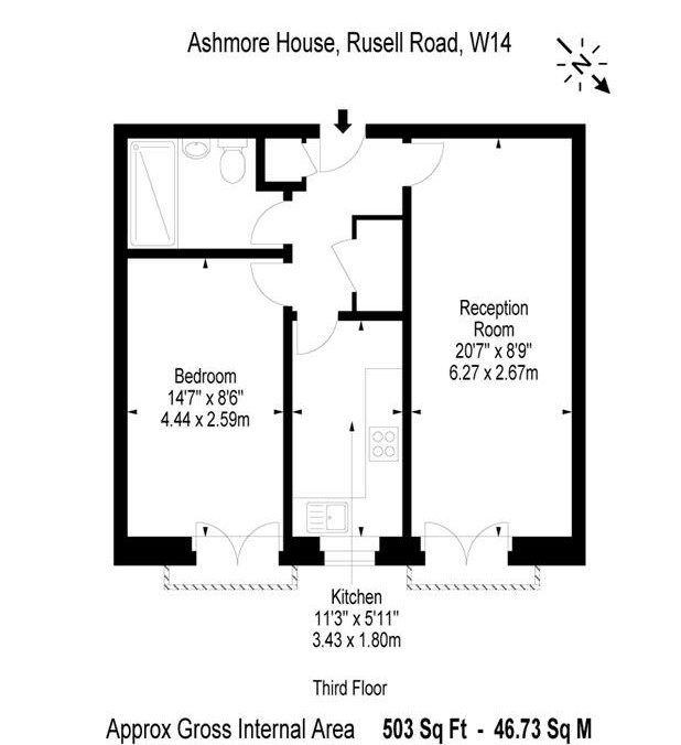1  bedroom flat to rent in Ashmore House, Russell Road, W14-Floorplan