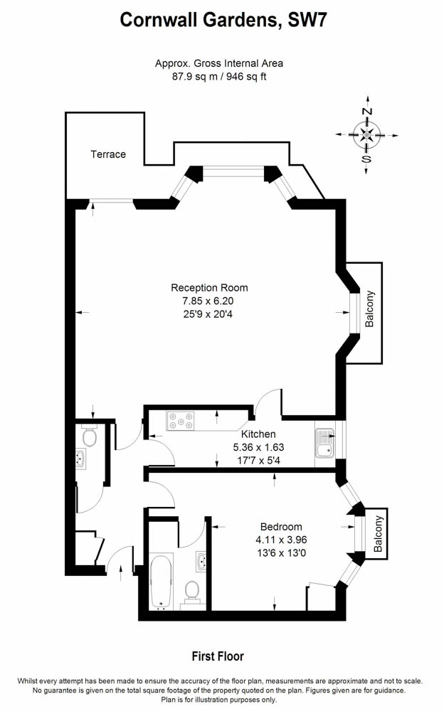1  bedroom flat to rent in Cornwall Gardens, Kensington, SW7-Floorplan