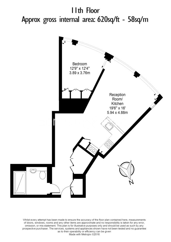 1 bedroom flat to rent in Southbank Tower, Waterloo, SE1-Floorplan