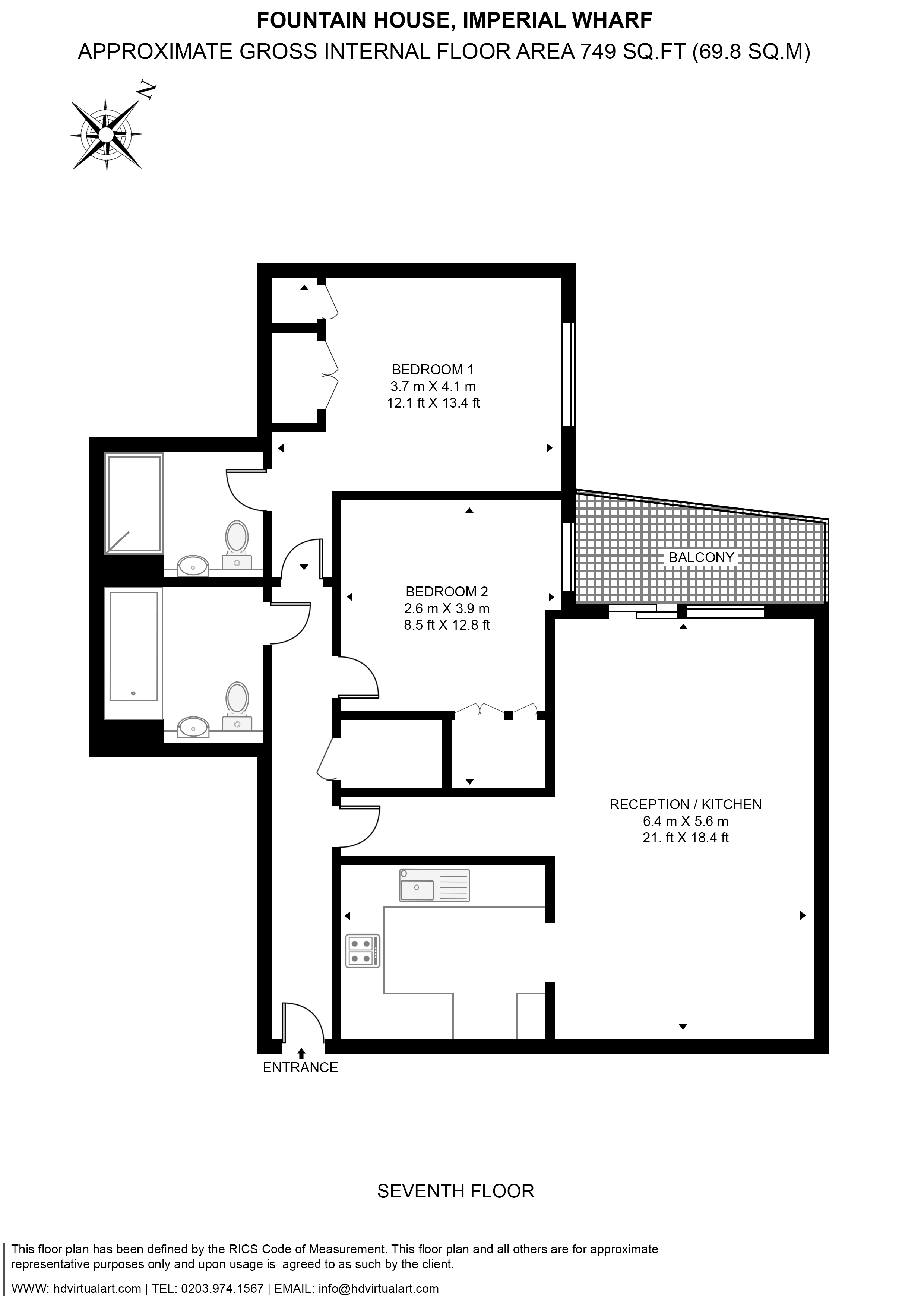 2  bedrooms flat to rent in Fountain House,Boulevard, SW6-Floorplan