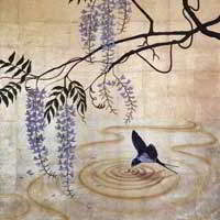 “Wisteria and Barn Swallow” by Joanna Charlotte. Oil and gold leaf on canvas. 100 x 70cm. £3,000 at FOUR-WALLS Contemporary