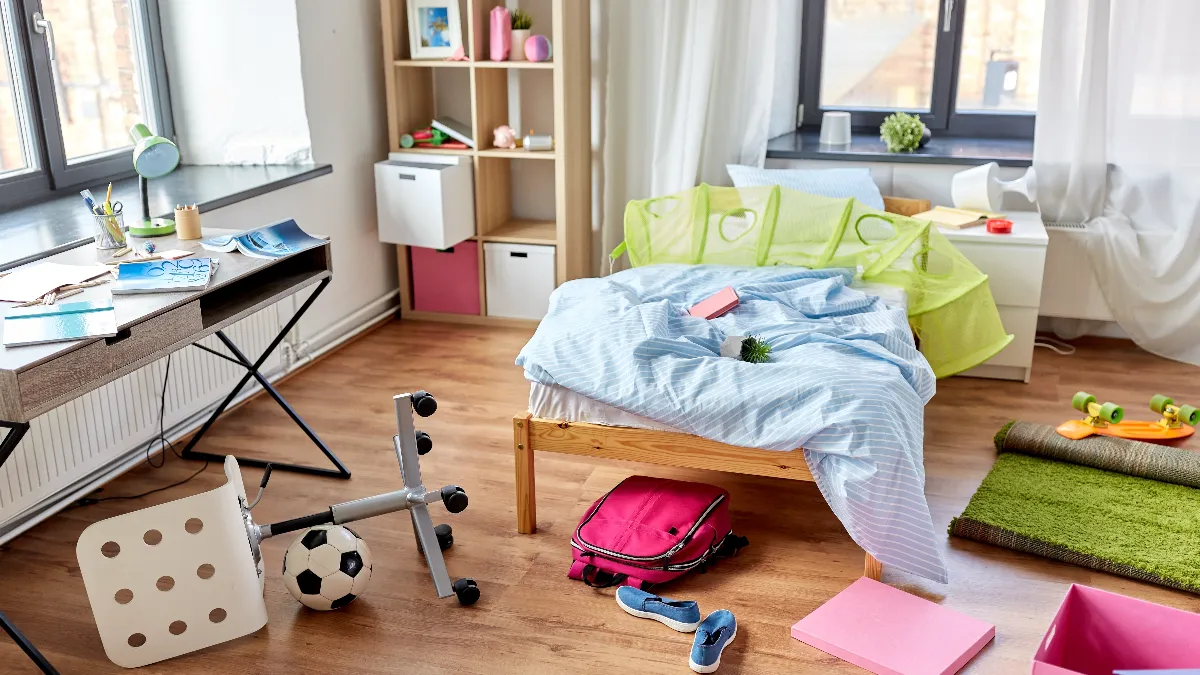 View of messy home kids room