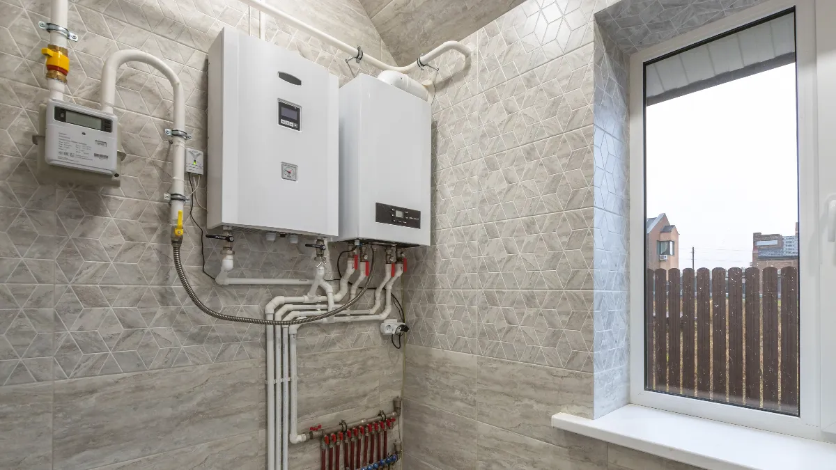 Modern heating system featuring two boilers and neatly arranged piping
