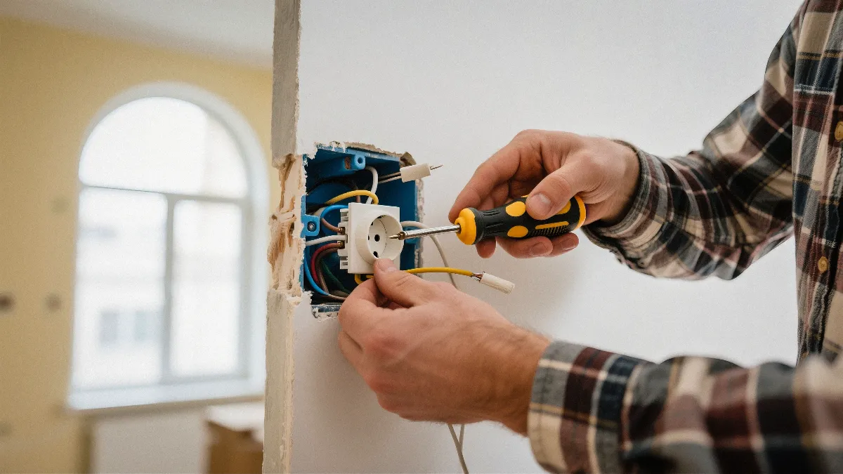 Electrician installs an electrical outlet